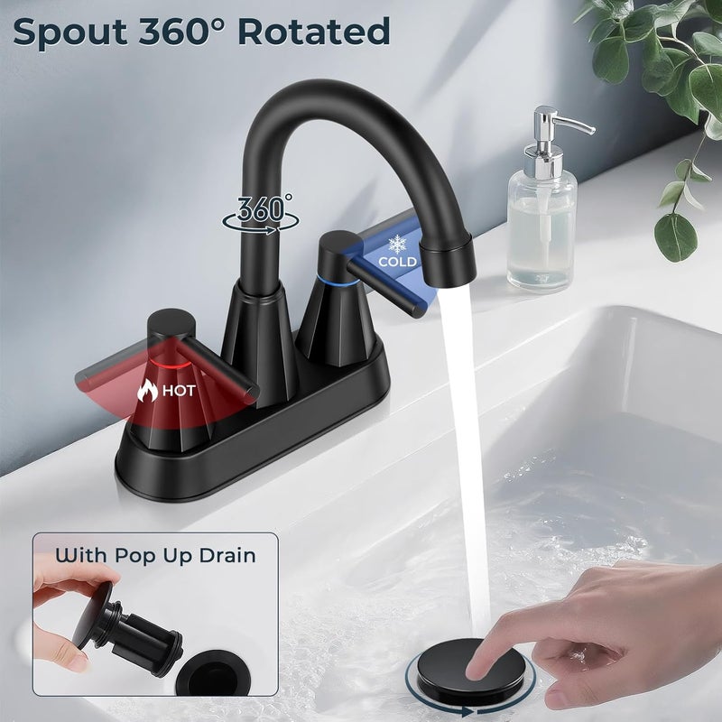 KHQF 4 inches Bathroom Faucet for 3 Hole,2-Handle Matte Black Bathroom Sink Faucets with Pop Up Drain (2 Pack) - Image 5